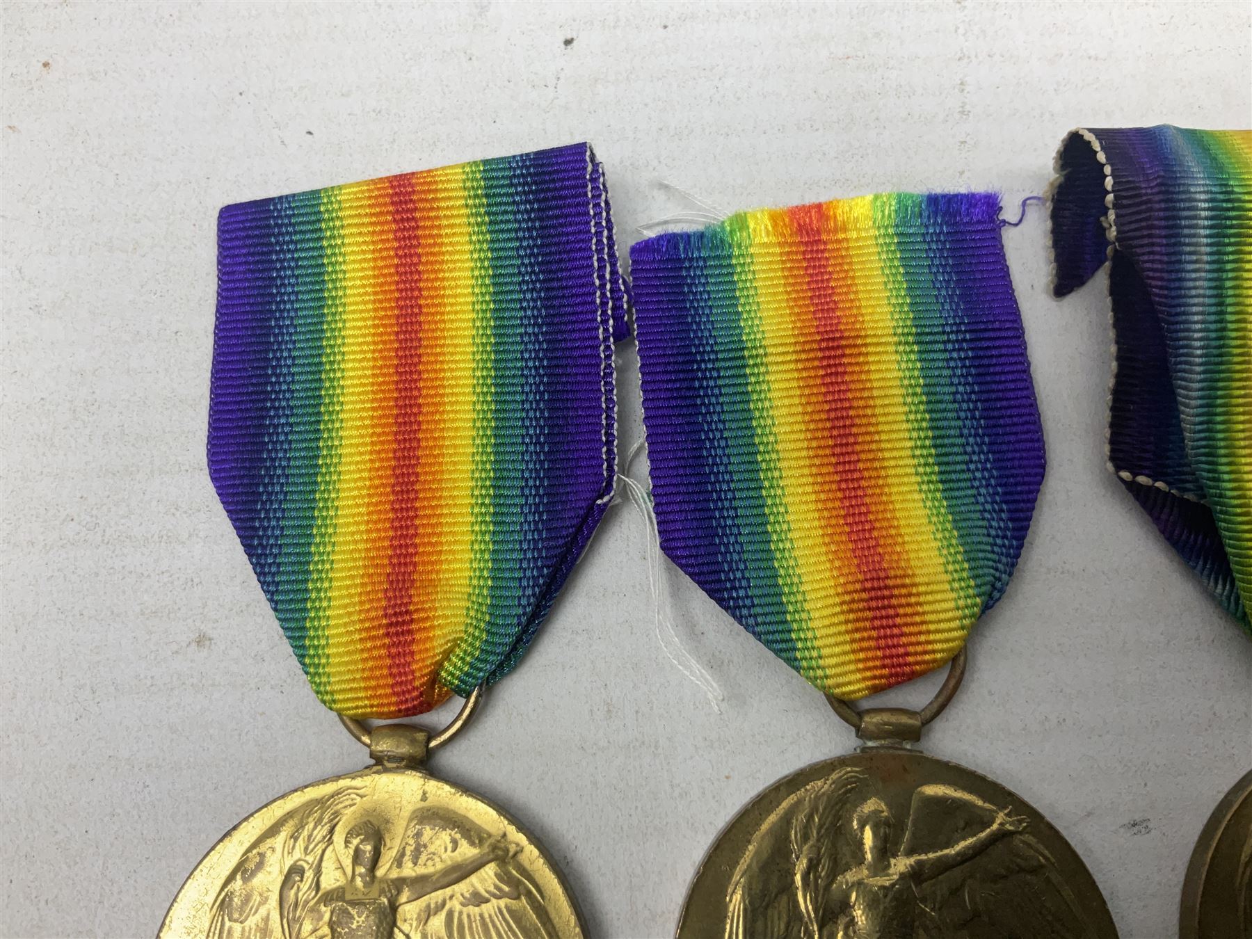 Five WW1 Lincolnshire Regiment Victory Medals awarded to 42327 Pte. T Davison; 29878 Pte. J.W. Simpson; 21702 Pte. H. Archer; 41348 Pte. J.A. Hart; and 9874 Pte. N. Ellis; some biographical information; all with ribbons (5)