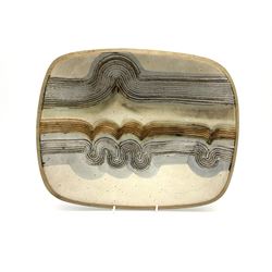 A Keith Hall Llandaff Studio Pottery dish, of oblong form with incised decoration, marked beneath Keith Hall Llandaff, and dated 1971, L35.5cm.