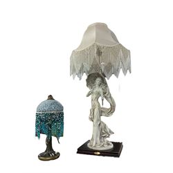 Figural lamp from 'The Juliana Collection', with cream shade, H85cm, together with a lamp with mottled glass shade 