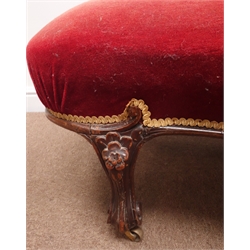  Victorian walnut framed chaise lounge, upholstered in red fabric with deeply buttoned back, scrolled arm with carved cabriole supports, L185cm  