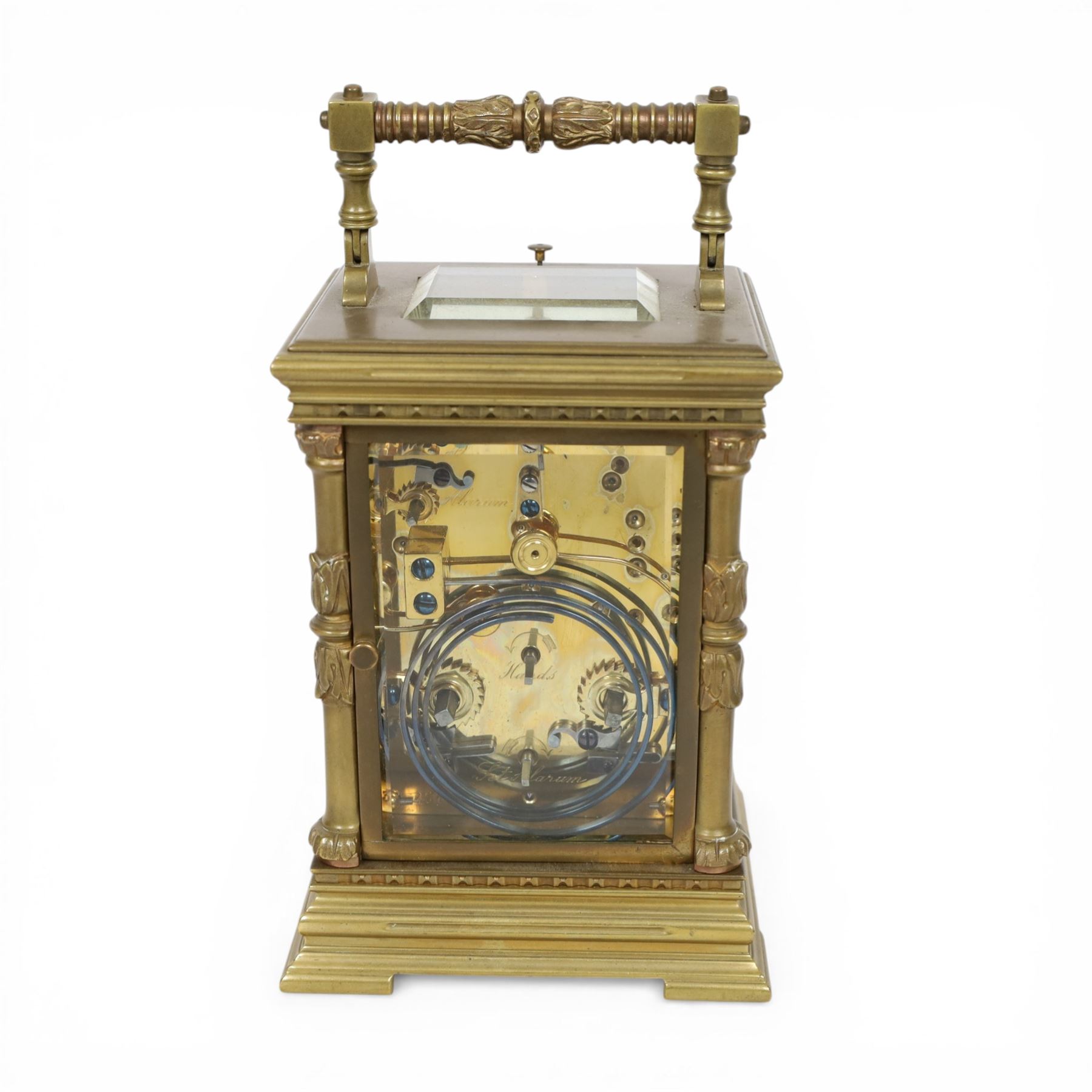 French - 8-day striking carriage clock with alarm and repeat functions, c1900,  case of architectural form with swing handle, gilt dial mask alarm setting dial and enamel chapter, Arabic numerals and blued steel hands, rack striking movement, striking the hours, half-hours and repeat on a coiled gong, with a silvered lever platform escapement, in running condition with key, 14.5cm high 10.5cm wide