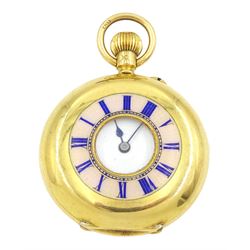 Edwardian 18ct gold half hunter keyless lever fob watch by Manoah Rhodes & Sons Ltd, No. 30256, white enamel dial with Roman numerals, back case engraved with monogrammed initials, case makers mark G B, London 1903, in fitted velvet and silk lined case