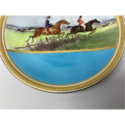 19th century Minton porcelain cabinet plate, hand painted with central equestrian band against a turquoise ground, and further detailed with gilt key fret and foliate borders, with printed retailer mark beneath 'Mintons John Mortlock Oxford St London', and impressed year cypher for 1880, D23cm