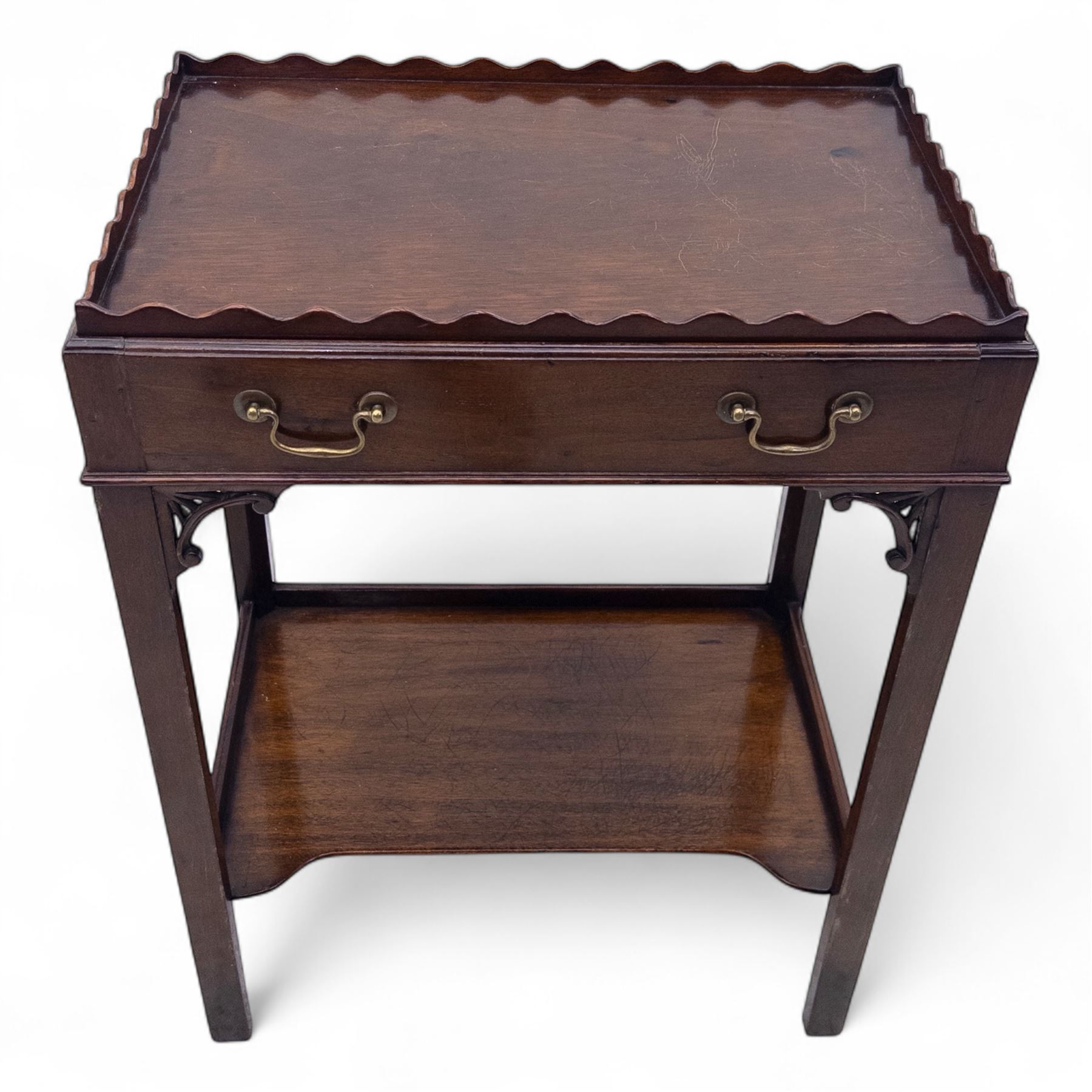 Living room items, comprising an 18th century design mahogany tray top table, the removable tray with shaped gallery, brass carrying handles and undertier stand, together with a French side chair with upholstered seat and X-stretcher base (Table H 74cm, W 54cm, D 36cm, chair H 94cm, W 41cm, D 42cm)