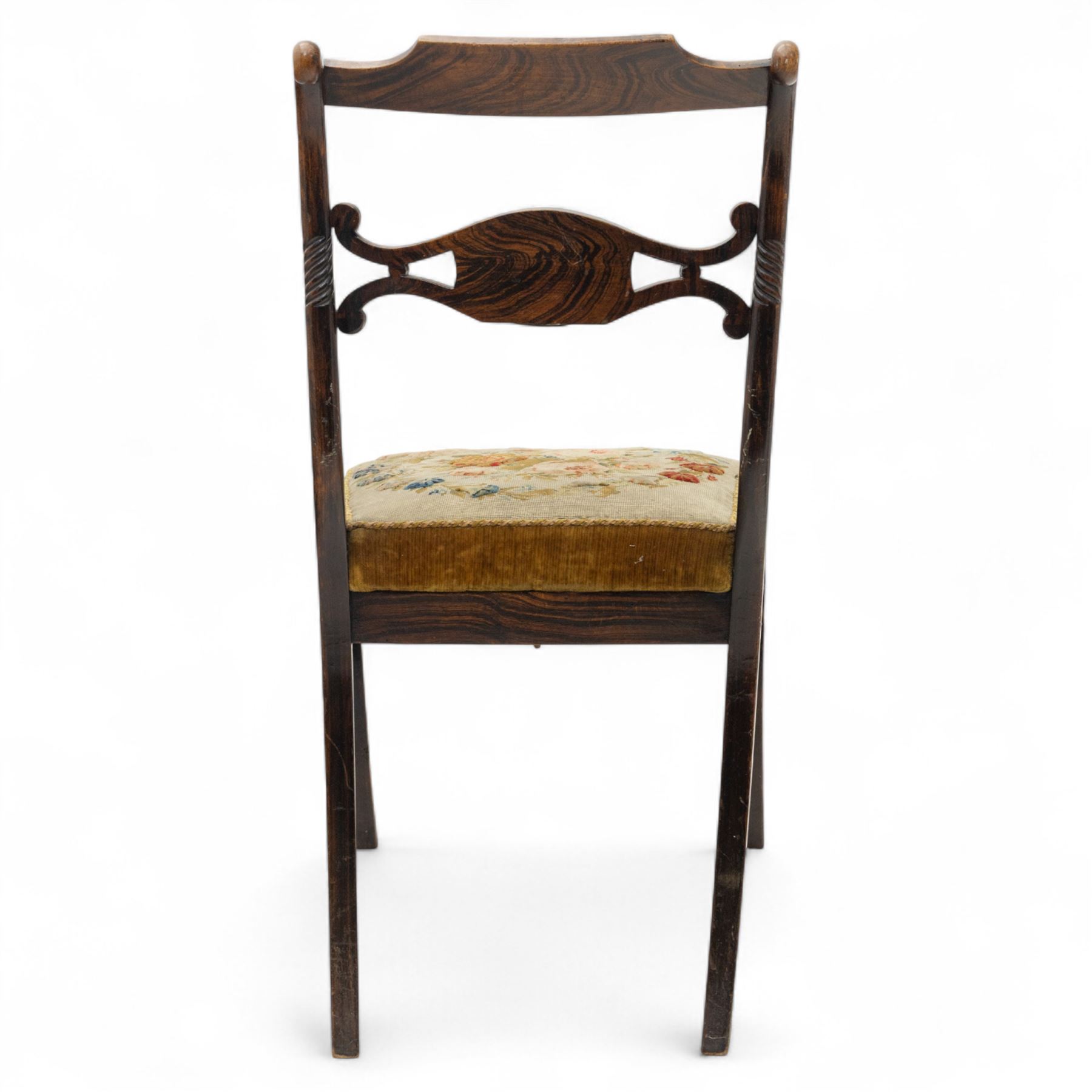 William IV X-frame rosewood stool with upholstered drop-in seat and a Regency simulated rosewood and brass inlaid dining chair with drop-in seat worked in floral needlepoint, W43xD43xH43cm & W46xD40xH79, (2)