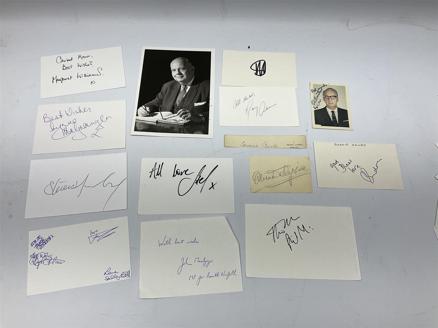 Collection of approximately  500 autographs, signed cards, signed letters, signed photographs etc from famous individuals including Sidney Godolphin, Berkeley Guise, Marquess of Salisbury (Prime Minister), Harold Wilson, Howard Macmillan, Edward Heath, Tony Blair, Prince Richard, Duke of Gloucester & Brigitte, Duchess of Gloucester, Prince Michael of Kent, Golda Meir, Kurt Waldheim, Peter Fraser, Robert Menzies, Hartley Shawcross, David Steel, Enoch Powell, Michael Foot, Denis Healey, Leon Brittan, David Owen, Neil Kinnock, Willie Whitelaw, Manny Shinwell, Norman Tebbit, Geoffrey Howe, Paddy Ashdown, Leslie Hore-Belisha, Samuel Hoare, Margaret Beckett, Michael Heseltine, Oswald Stool, Philip Ben Greet, Charles Santley, Joseph O'Mara, Ada Crossley, Ben Davies, Rutland Barrington, Evelyn Glennie, Moira Shearer, Brian Close, Steffi Graf, John Virgo, Daley Thompson, Brian Lara, Frank Bruno, Steven Spielberg, George Cukor, Leni Riefenstahl, Orson Welles, Paul Newman, Joe E.Brown, Charlton Heston, John Gielgud, Eric Sykes, Caroline Blakiston, Mercedes Ruehl, Beatie Edney, Joseph Cotton, Rula Lenska, Roy Hudd, Caroline Quentin, Ned Sherrin, Tony Britton, Lesley Joseph, Nigel Havers, Rory Bremner, Geraldine James, Clive Anderson, MyAnna Buring, Elkie Brooks, Alan Bennett, Gavin Ewart, Dean Koontz, Red Adair, Viv Nicholson, Gerald Scarfe, Screaming Lord Sutch, Maria von Trapp, Annie Besant, Reginal Bacon etc 