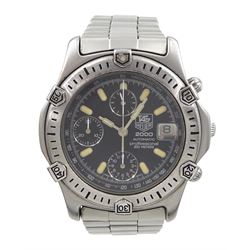 Tag Heuer 2000 gentleman's stainless steel automatic chronograph wristwatch, Ref. 169.306, black dial with triple register recording hours, minutes and continuous seconds and date aperture, boxed with papers