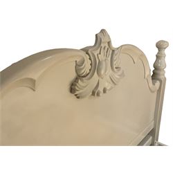 Cream-painted 5' King-size bedstead, shaped headboard carved with foliage cartouche; together with cream-painted bedside table, fitted with single drawer over undertier (W50cm, D40cm, H65cm) 