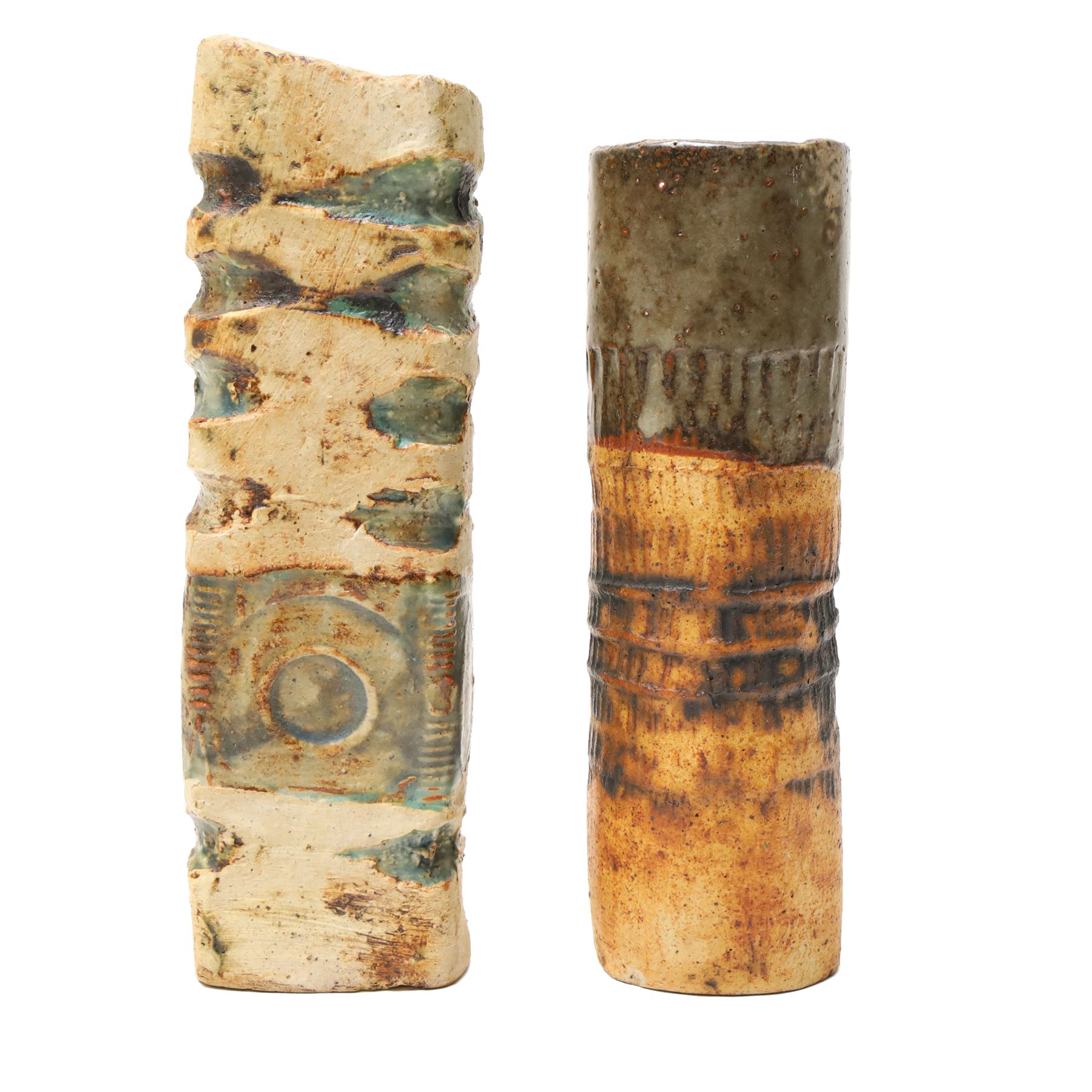 Three Alan Wallwork (1931-2019) vases, incised signature to bases, together with two further studio pottery works, tallest vase H25cm (5)