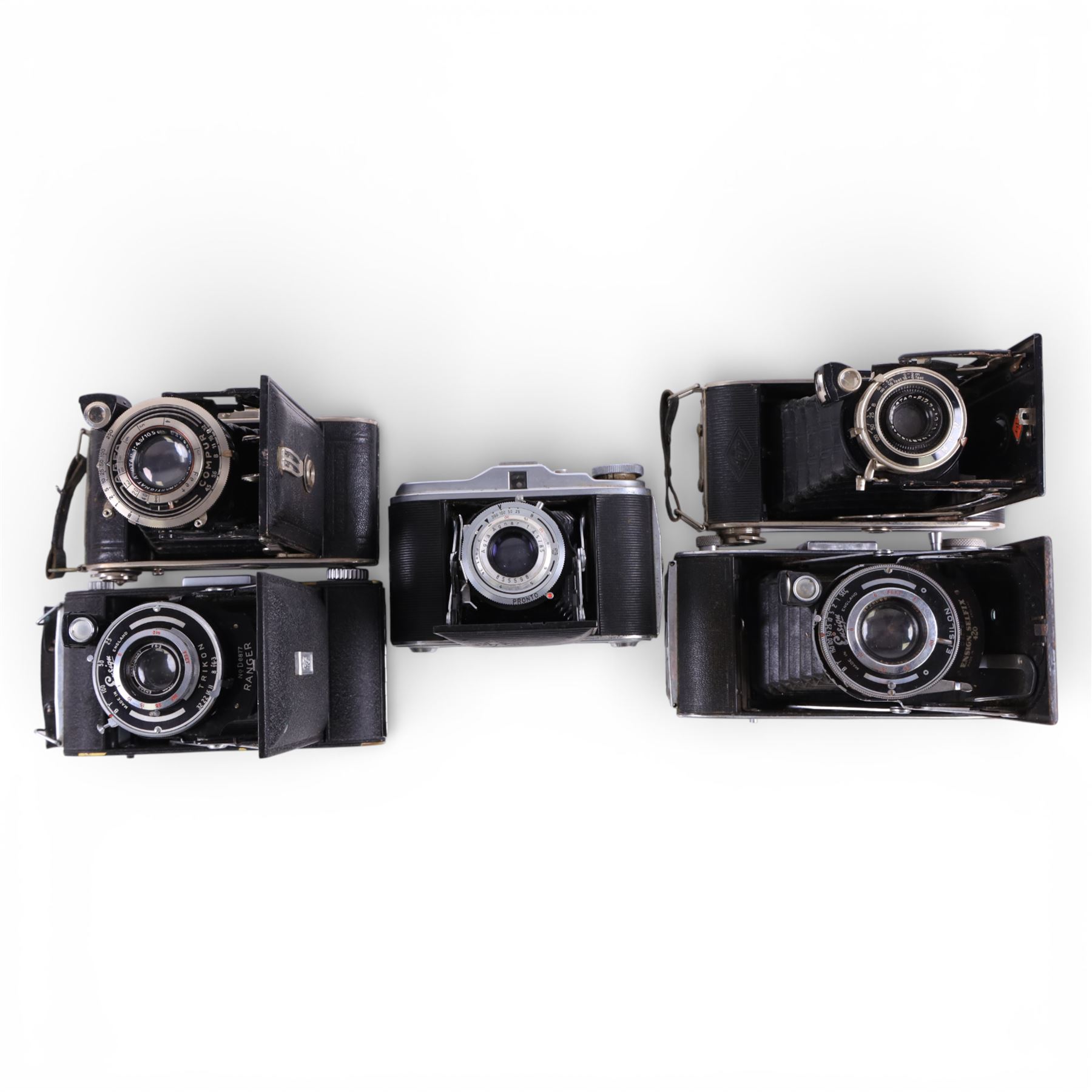 Collection of vintage cameras, including Bakelite Rajar No. 6 and VP Twin, Ferrania Condor I, Foth, Agfa, etc