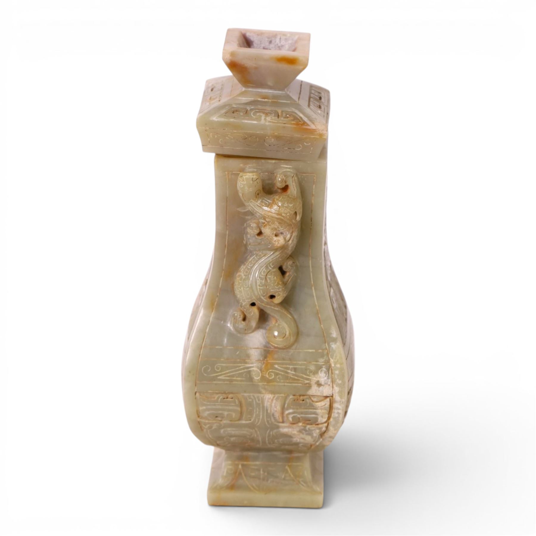 Chinese hardstone vase and cover, with lizard handles and decorated in relief, H23cm