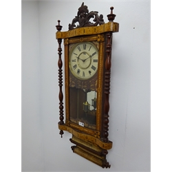  Late 19th century American style rosewood and Tunbridge ware wall clock, circular dial with Roman numerals enclosing eight day movement striking on a bell with turned columns, H102cm  