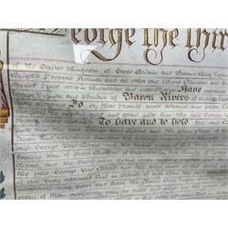 Large 18th century framed and glazed Indenture for King George III to George Rivers, Lord Rivers of Straths Saye, including frame H92.5cm L107.5cm