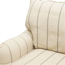 20th century Howard shape two seat sofa, deep seat sofa in cream and grep striped upholstery, raised on dark supports terminating in front castors 