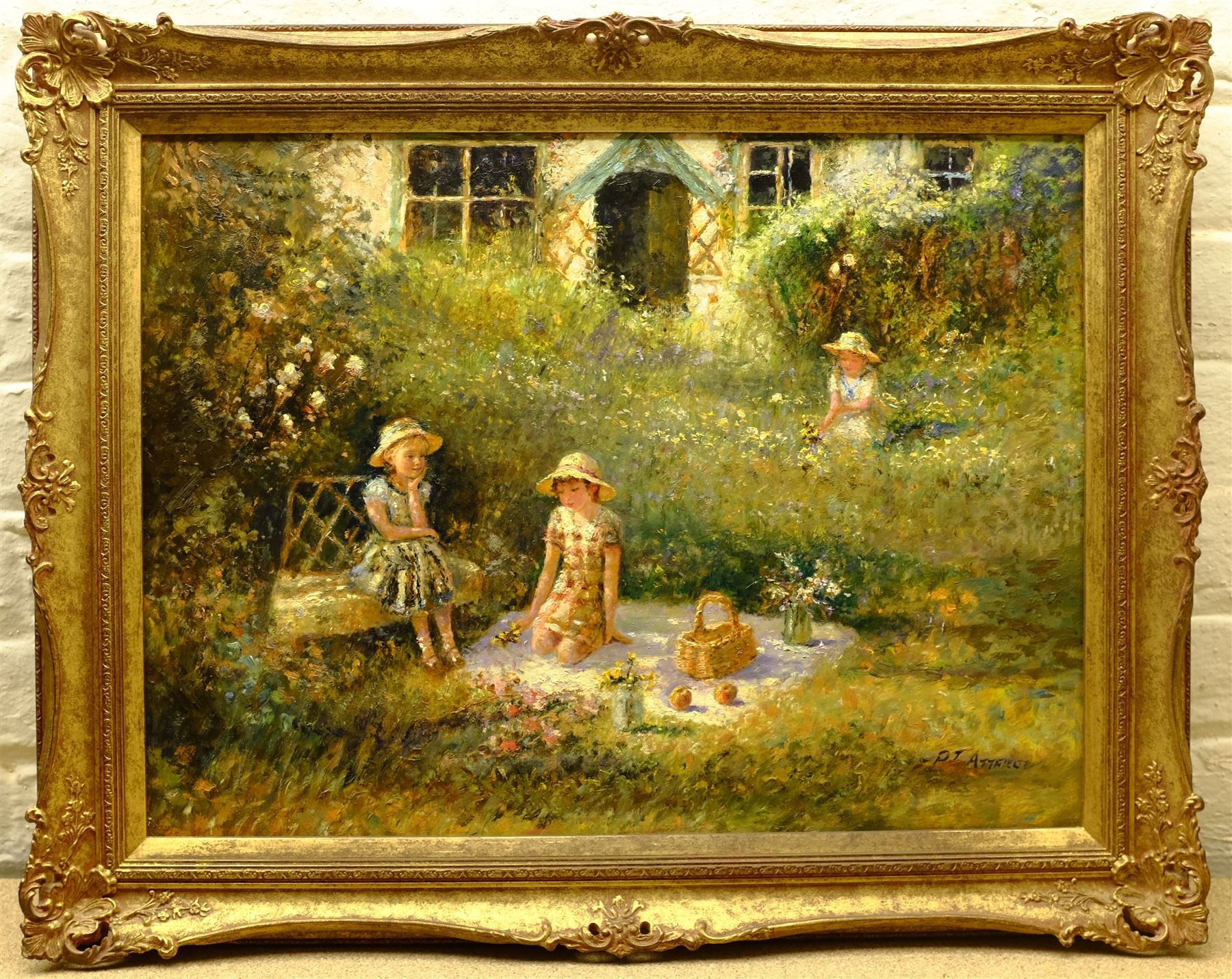 Paul J Attfield (British 1950-): Picnic in the Garden, oil on canvas signed 45cm x 60cm