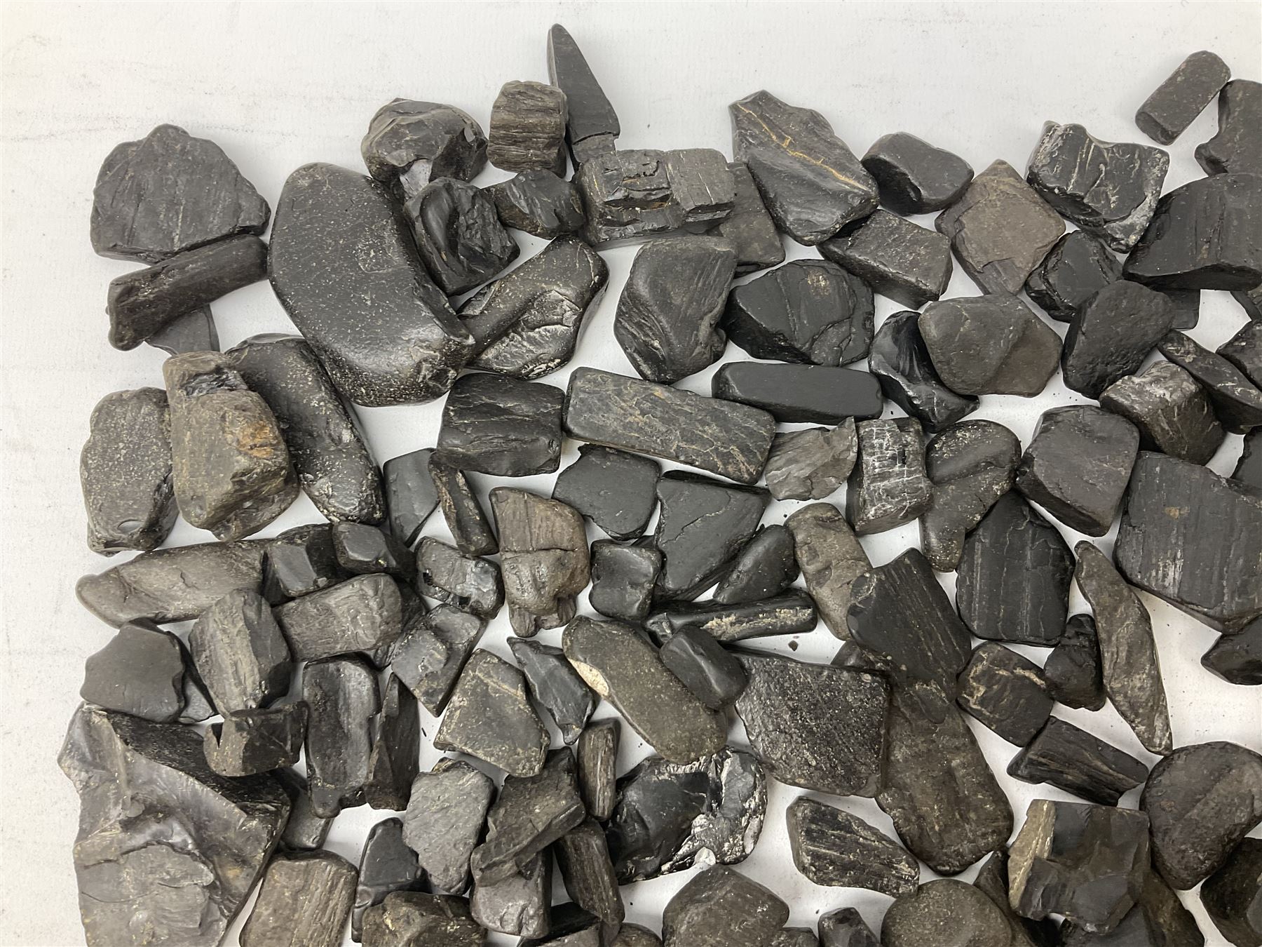 Collection of raw Whitby jet including large piece with one polished side, approx 4lbs