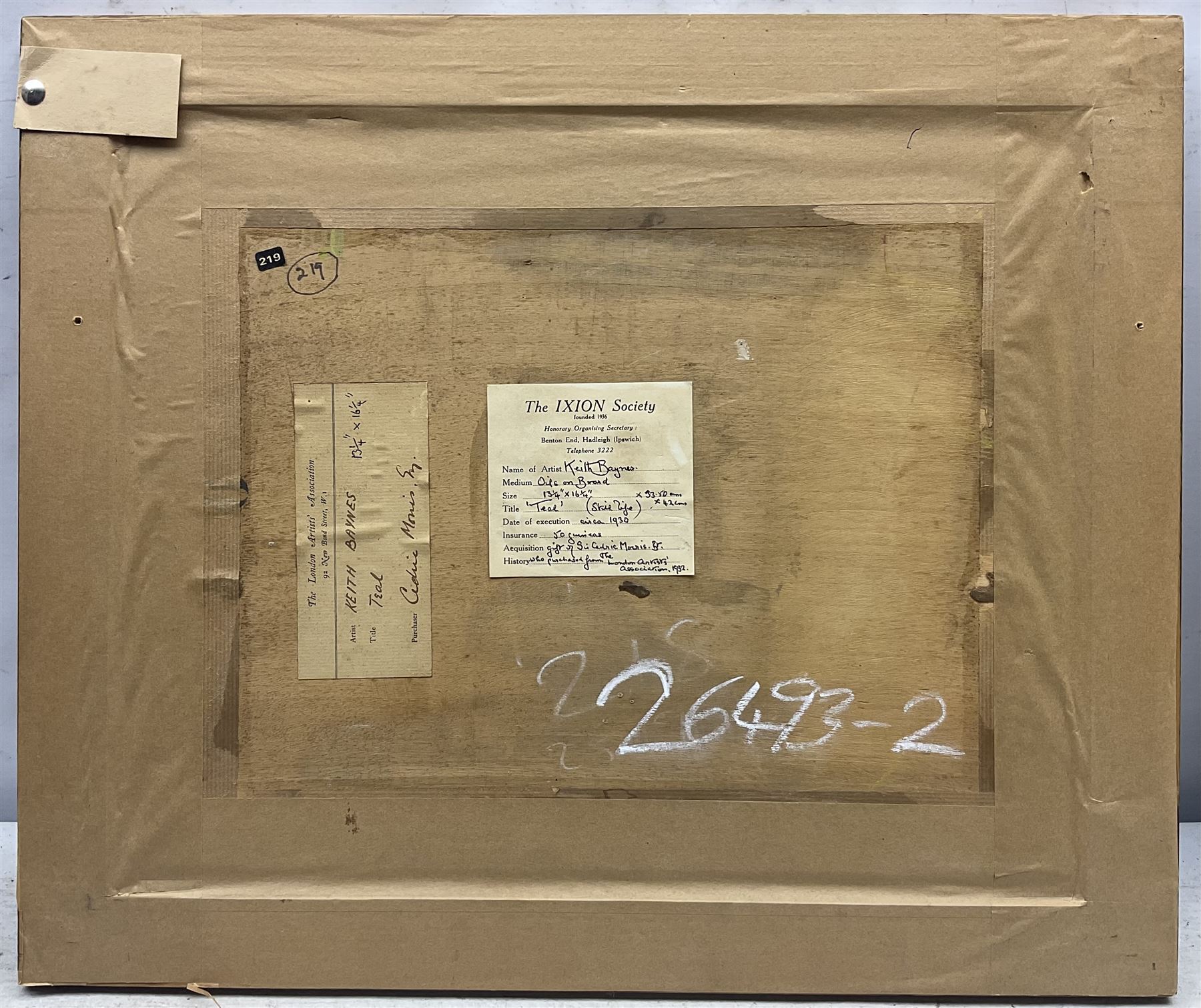 Keith Stuart Baynes (British 1887-1977): Still Life of 'Teal', oil on board signed c.1930, titled on gallery label verso 31cm x 39cm 
Provenance: with The Ixion Society, Benton End, Hadleigh, label verso