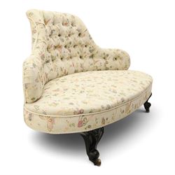 Victorian mahogany frame parlour settee, in back-buttoned floral and butterfly patterned fabric