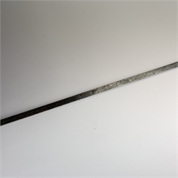 19th century malacca sword-stick with ivory handle and engraved white metal mounts, slim 74cm engraved triangular blade, overall 89cm  