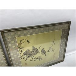 Four Chinese paintings on silk, each depicting birds, calligraphy and red seal, frame H39cm, L47cm