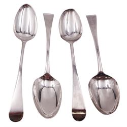 Two pairs of George III silver Old English pattern table spoons, the first pair hallmarked Hester Bateman, London 1781, the second hallmarked London 1792, W.S, possibly William Sumner I, second pair L22cm, approximate total weight 7.41 ozt (230.4 grams)