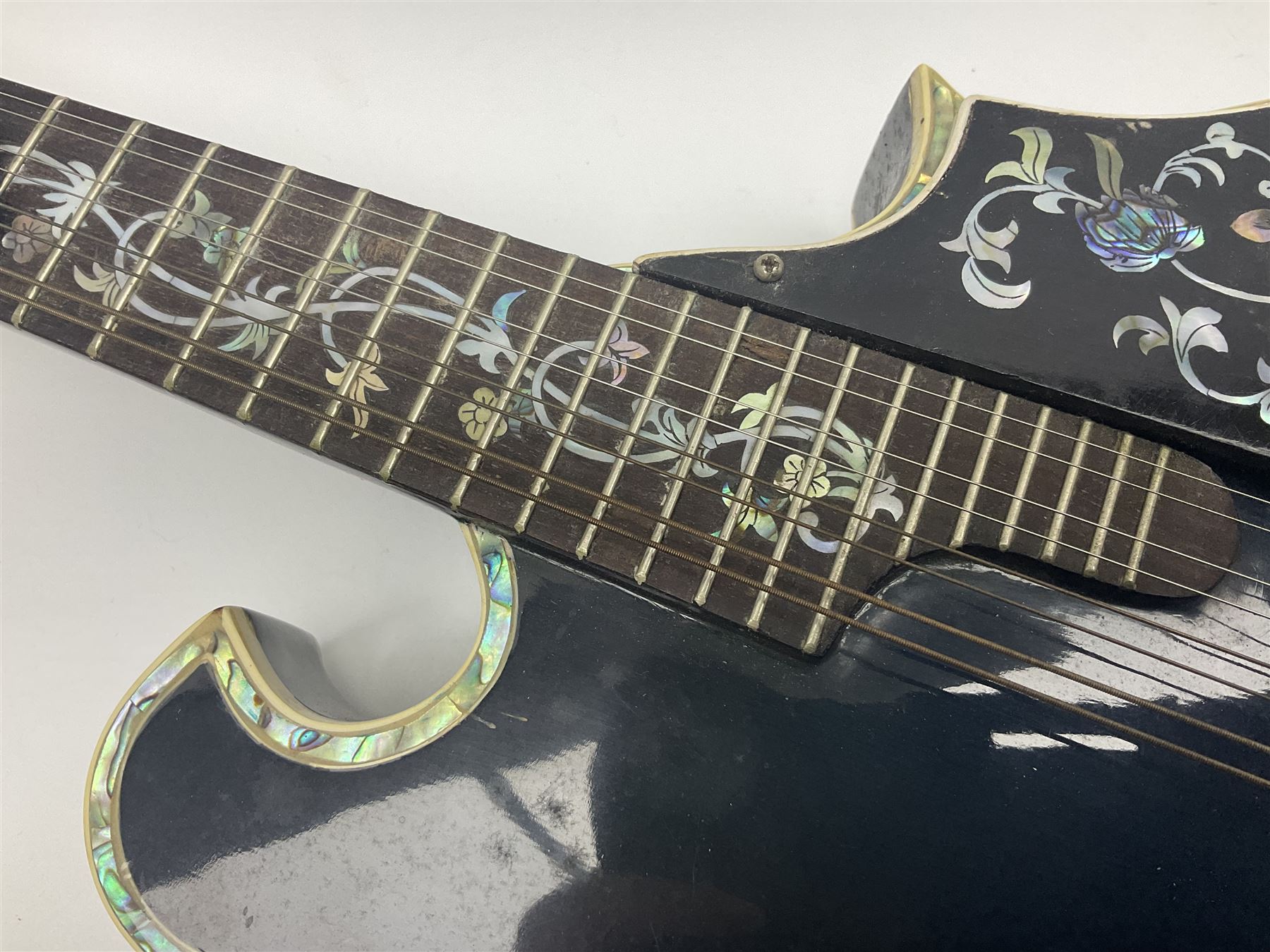 Eastern eight-string F-hole mandolin with blue sunburst finish and mother-of-pearl inlay of flowers and birds L69cm