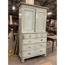 19th century pale blue painted pine housekeepers cupboard, double panelled cupboard enclosing two shelves over two short and three long drawers, on turned feet - THIS LOT IS TO BE COLLECTED BY APPOINTMENT FROM THE OLD BUFFER DEPOT, MELBOURNE PLACE, SOWERBY, THIRSK, YO7 1QY