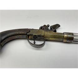 Unfinished restoration project of a continental flintlock volley pistol with modern white metal 17cm screw-off cluster of four barrels fitted to a late 18th century brass plated engraved action, stained wooden stock with white metal butt cap embossed with a classical style female musician and applied with an ornate open cartouche L37.5cm overall