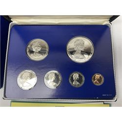 Four British Virgin Islands proof coin sets, comprising First Coinage of the British Virgin Islands 1973 proof six coin set, containing silver one dollar coin, 1977 and 1979 proof sets, containing high denomination silver coins, and The Royal Coronation Jubilee 1977 six coin silver proof set, each minted at the Franklin Mint, all cased with certificates, and a Solomon Islands 1978 proof seven coin set, containing silver five dollar coin, minted at the Franklin Mint, cased with certificate (5)