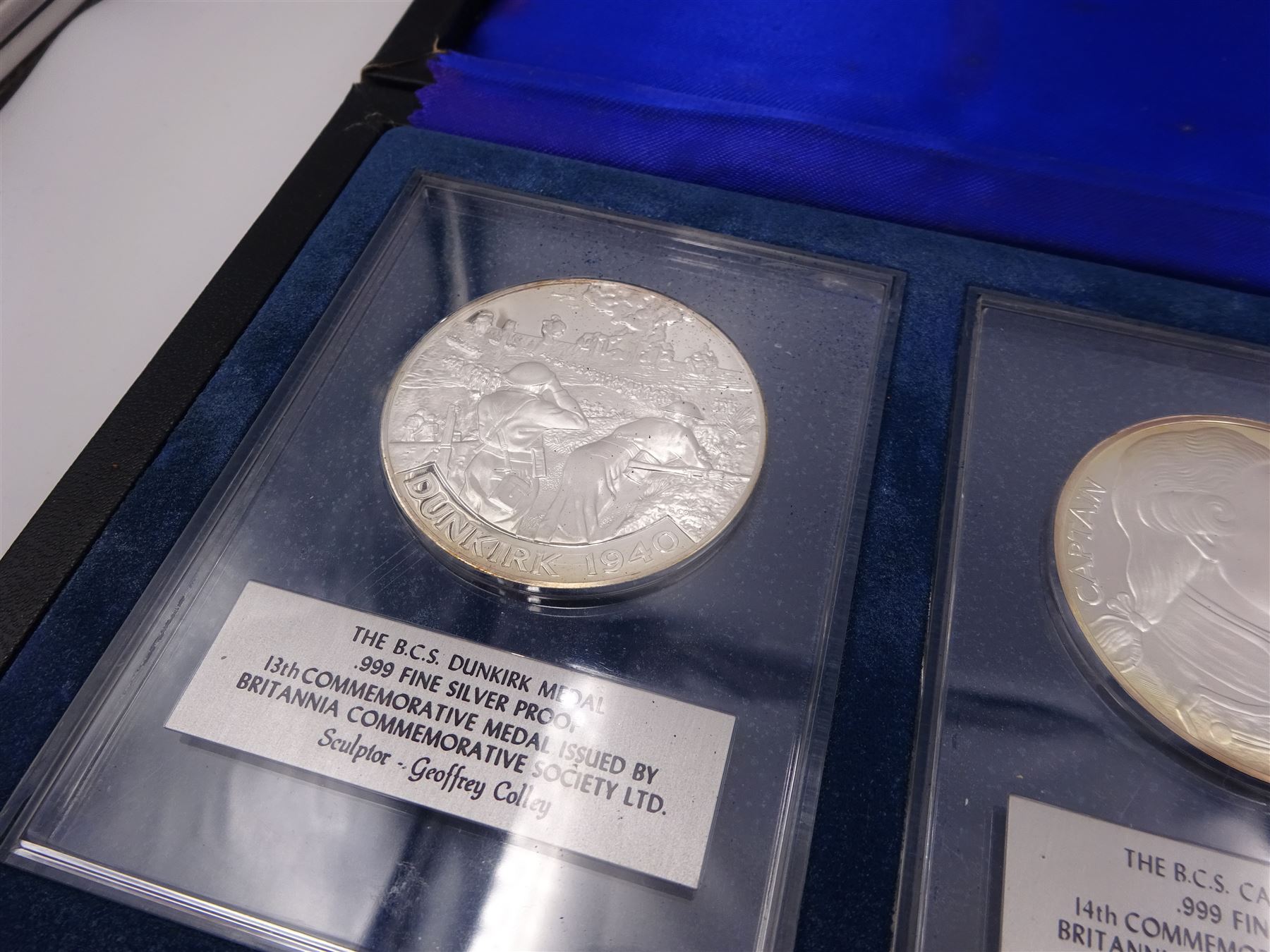 British Commemorative Society Ltd, set of six commemorative .999 fine silver proof medals, no. 13 to 18 , to include The Dunkirk Medal, The Captain Cook Medal, The Battle of Agincourt Medal, The Prince of Wales Investiture Medal, The Stonehenge Medal and The Queen Elizabeth Medal, each contained within clear perspex cases, in a silk lined fitted case