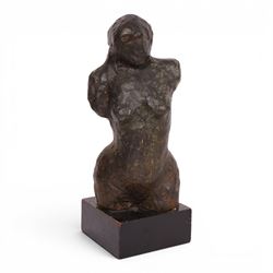 Bronzed sculpture modelled as a female torso, upon a square plinth, H39cm 