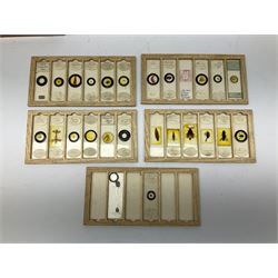 Milbro microscope in a wooden case, together with thirty microscope slides, to include entomology and plant specimens, cased and an additional wooden case with slide inserts, microscope H19cm