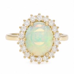 9ct gold opal and diamond cluster ring, single cabochon cut opal of approx 1.95 carat, sur...