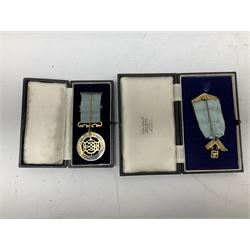 Group of predominantly Masonic Jewels of Office, to include silver, and silver gilt and enamel examples, mostly 1950's and 1960's in date, etc. 