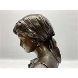 After Mathurin Moreau (French, 1822-1912), Gypsy Girl, bronze head and shoulder bust of a girl wearing headscarf and earrings, signed verso Math. Moreau, upon an onyx socle base, overall H27cm