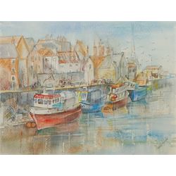 Penny Wicks (British 1949-): 'Moorings Whitby', watercolour signed, titled verso 29cm x 38cm