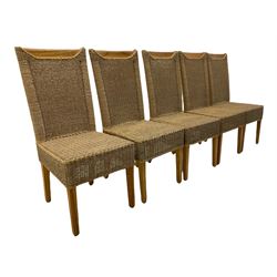 Set of ten light wood and seagrass dining chairs