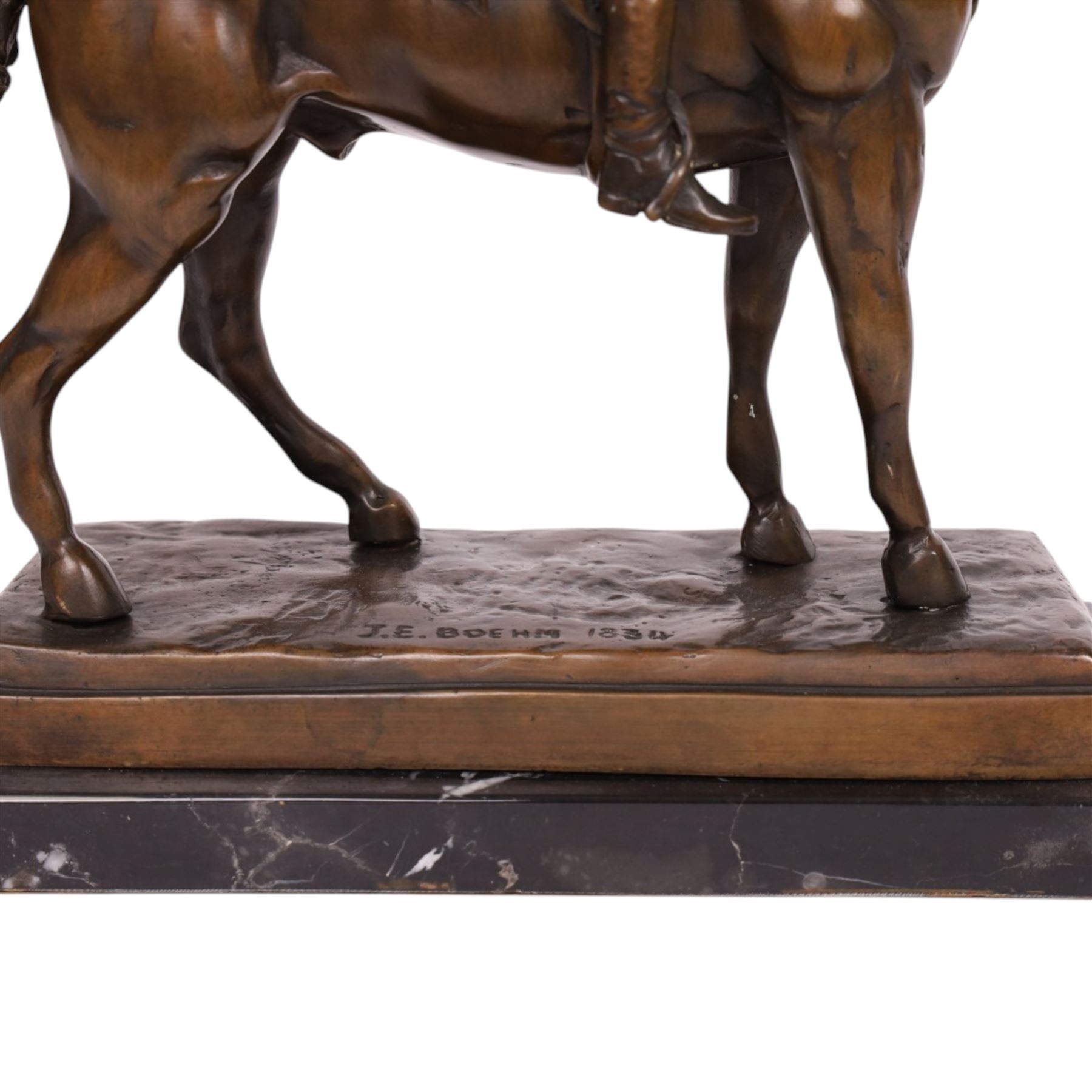 After Joseph Edgar Boehm, bronze Huntsman on horseback, upon a marble base, H40cm
