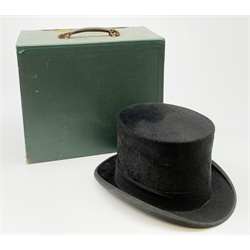 A Vintage black  Dunn & Co London top hat, interior circumference measures approximately 58cm, with box. 