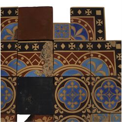 Minton & Co, Gothic Revival polychrome encaustic floor tiles, circa 1850, including six decorated with a central cardinal quatrefoil upon a blue ground, boarder tiles with scrolling vines and similar