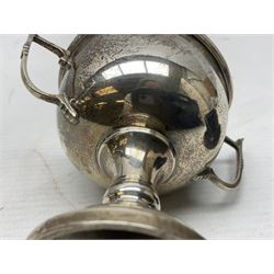 1930's silver twin handled trophy cup, upon black circular plinth, hallmarked Birmingham 1936, approximate silver weight 47 grams