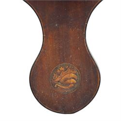 Three wheel barometers, a mother of pearl inlaid mahogany case, swan neck pediment, thermometer and circular dial, H 92cm, the second Sheraton Revival style with floral inlay, swan neck pediment, thermometer and circular dial, H 102cm, the third Sheraton Revival style, H 95cm (3)