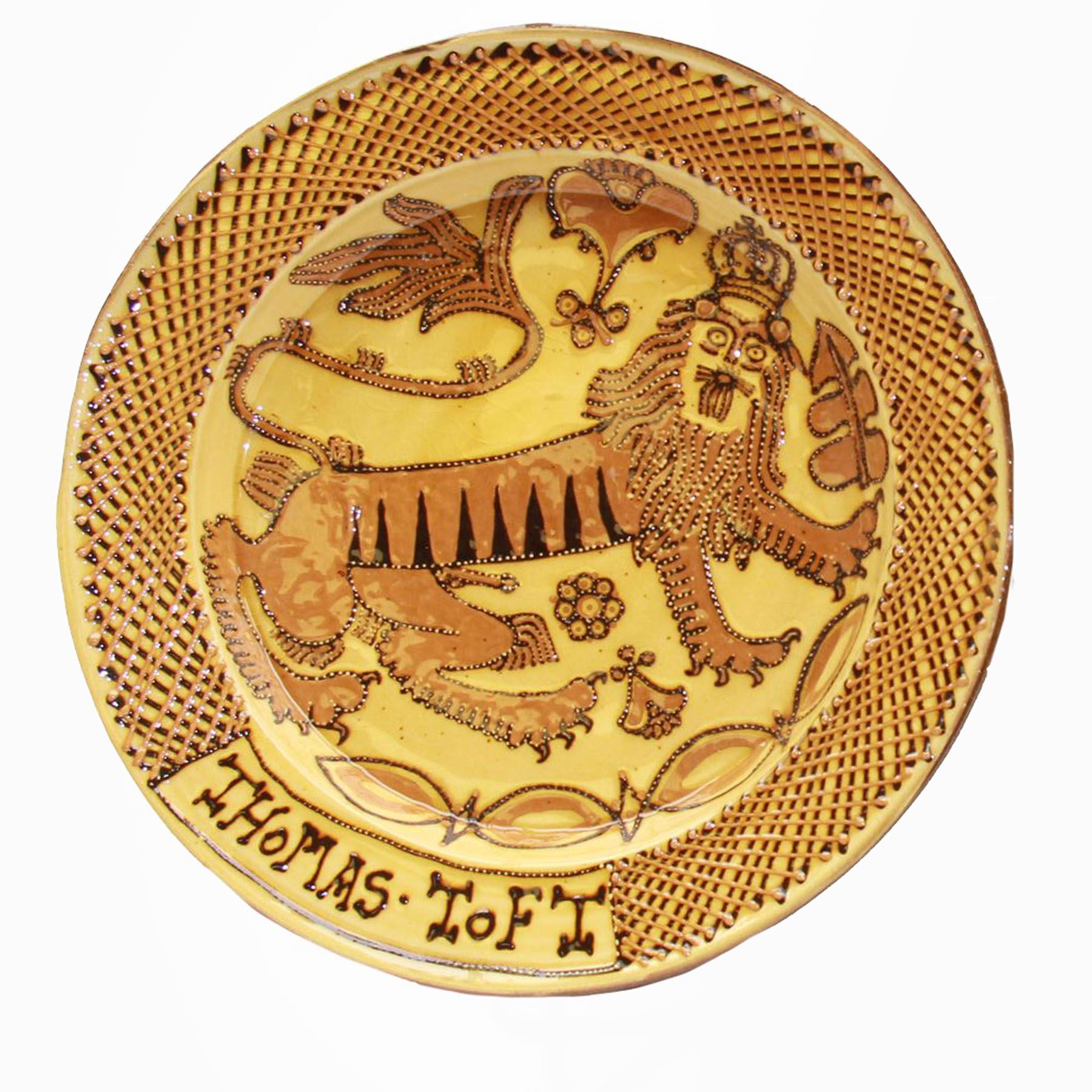 John Hudson: Large slipware charger in the style of Thomas Toft by John Hudson of Mirfield Pottery, decorated with the lion supporter taken by Toft from the Royal Arms, incised marks verso, D 44cm.

