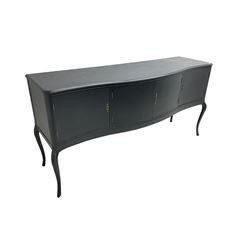 French design grey painted teak serpentine sideboard, the shaped front fitted with central double cupboard flanked by two single cupboards, each concealing drawer, on cabriole supports