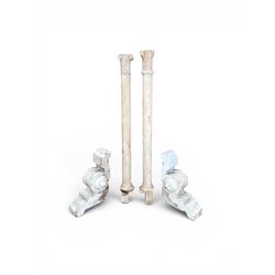 Pair of 19th century stripped pine columns  with carved capitols; an a pair of painted scr...