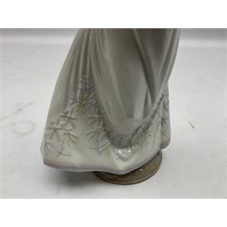 Three Lladro figures, comprising Modern Mother no 5873, Dropping the Flowers no 1285 and On the Beach no 1481, all with original boxes, largest example H30cm