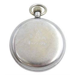 Military issue open face, 15 jewels lever pocket watch by Omega, No. 9991473, white enamel dial with Arabic numerals and subsidiary seconds dial, snap on back case with broad arrow and Military issue markings 'G.S.T.P. F027929'