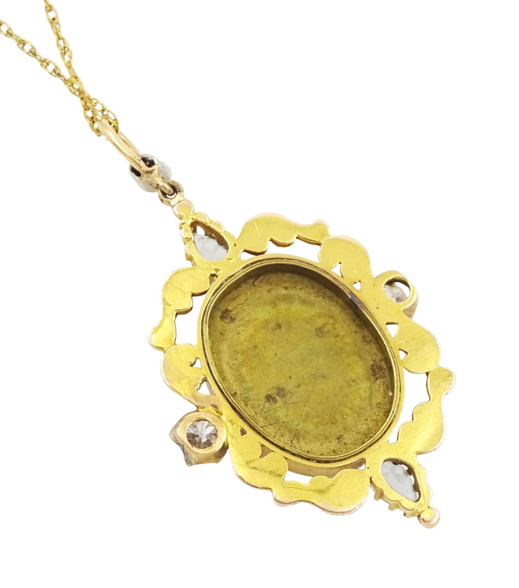 Early 20th century 9ct gold diamond and aquamarine enamel pendant, set with an oval hand painted panel depicting a cherub, within a textured openwork gold surround, set with two pear cut aquamarines and two old cut diamonds, and old cut diamond set bail in a milgrain setting, on gilt chain necklace, total diamond weight approx 0.40 carat 
