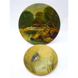  Victorian Watcombe Torquay earthenware plate hand painted with a Kingfisher perched on a branch, unsigned and another painted with waterfall and forest landscape signed E.S. Lobb, D36.5cm   
