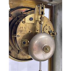 Henry Marc - Early 20th century 8-day French art deco mantle clock c1910, in a green mottled marble case with a stepped flat top and deep moulded plinth, brass framed bevelled front and rear glass doors, two part enamel dial with a visible Brocot deadbeat escapement and pendulum regulation, steel moon hands and Roman numerals, Parisian twin train rack striking movement with a visible twin file mercury pendulum, striking the hours and half-hours on a bell.